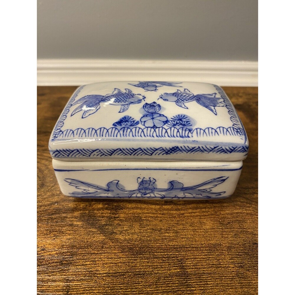 Blue and White Koi Fish Chinoiserie Trinket Box